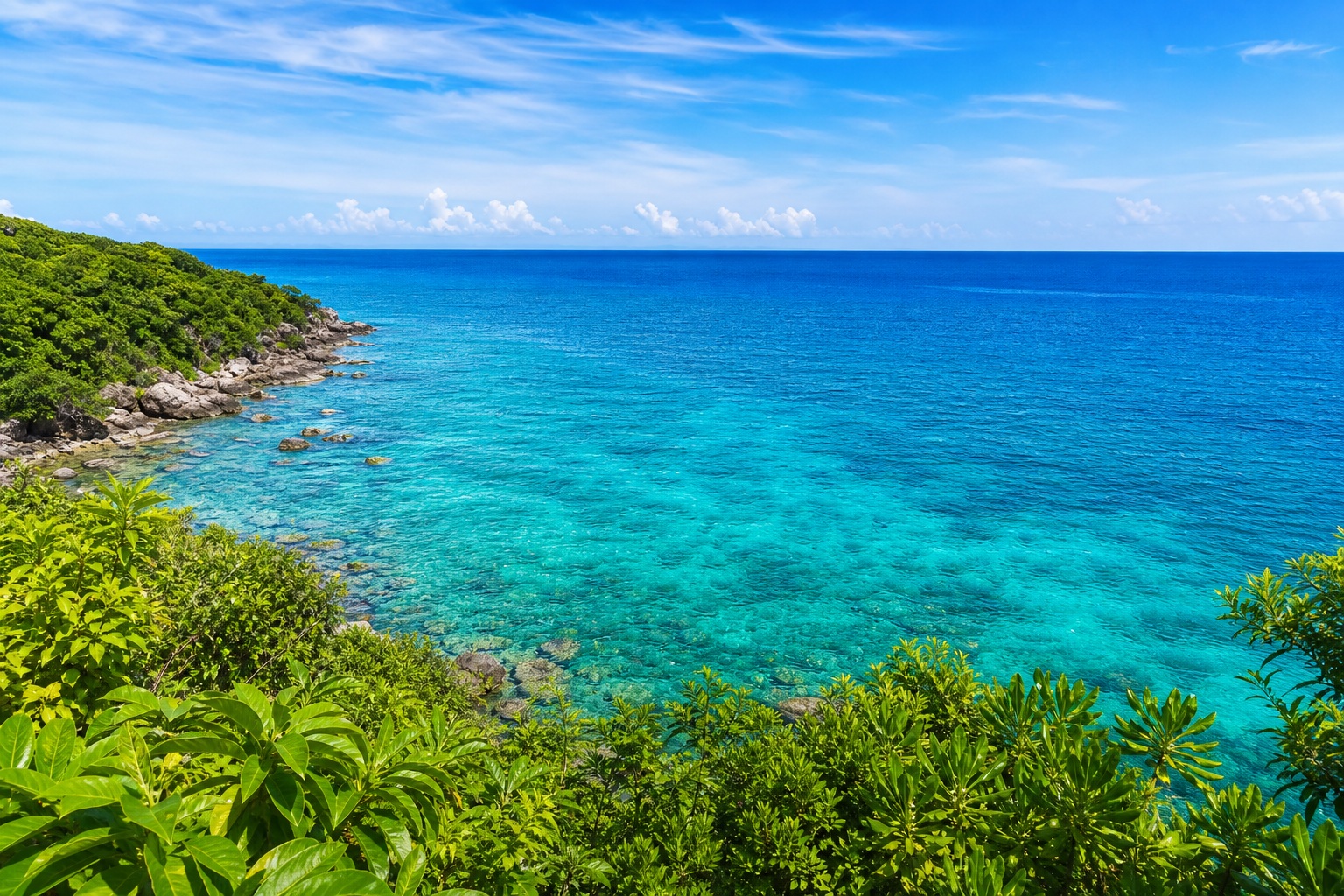 Lush green foliage overlooking turquoise tropical water and a bright coastal horizon.