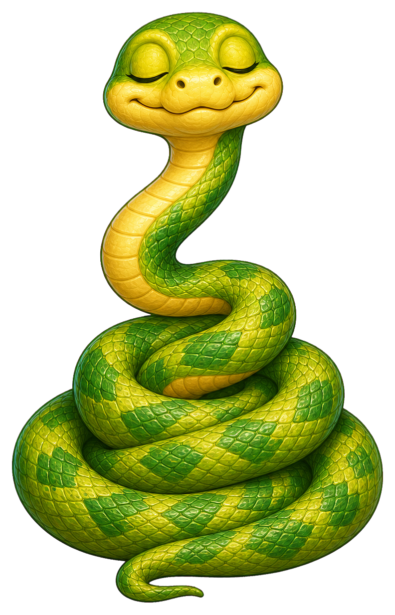 Green coiled snake sitting in a spiral with a smiling face