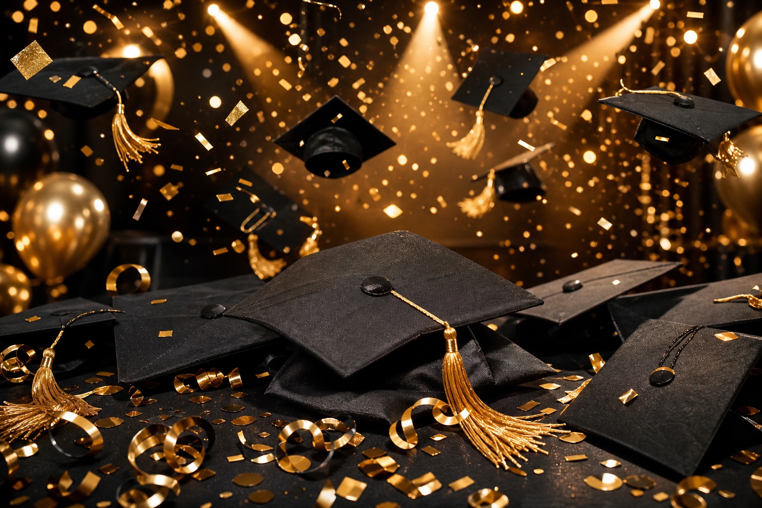 Black graduation caps with gold confetti on a dark celebration background