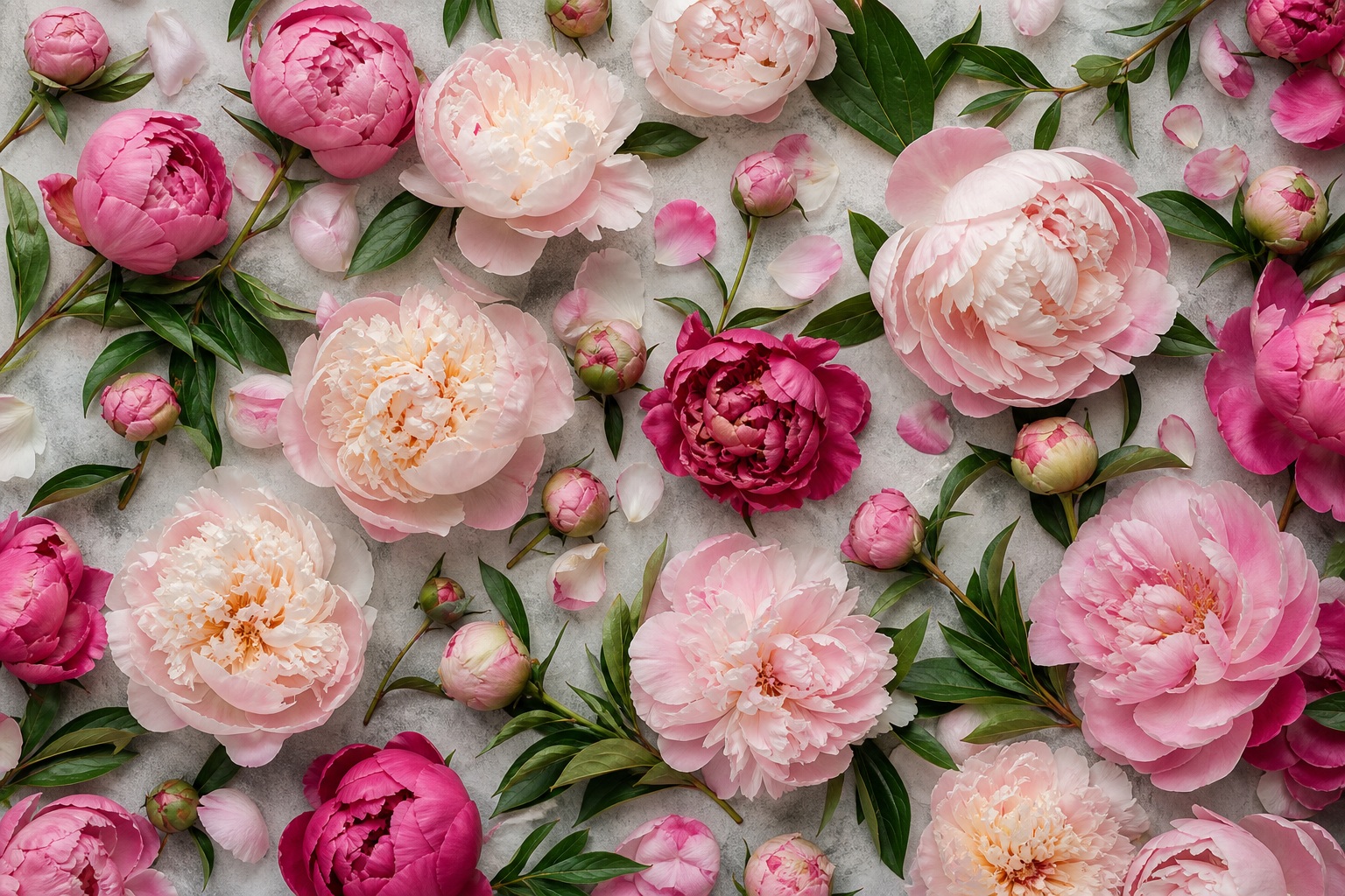 Flat lay of pink and cream peonies arranged on a green background