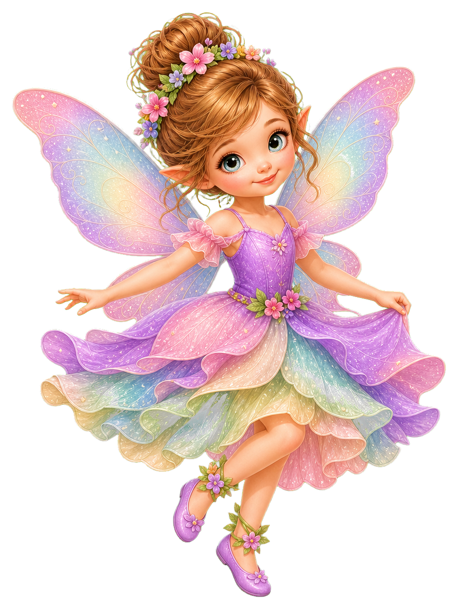 A smiling fairy in a purple dress with pastel wings and a twirling pose