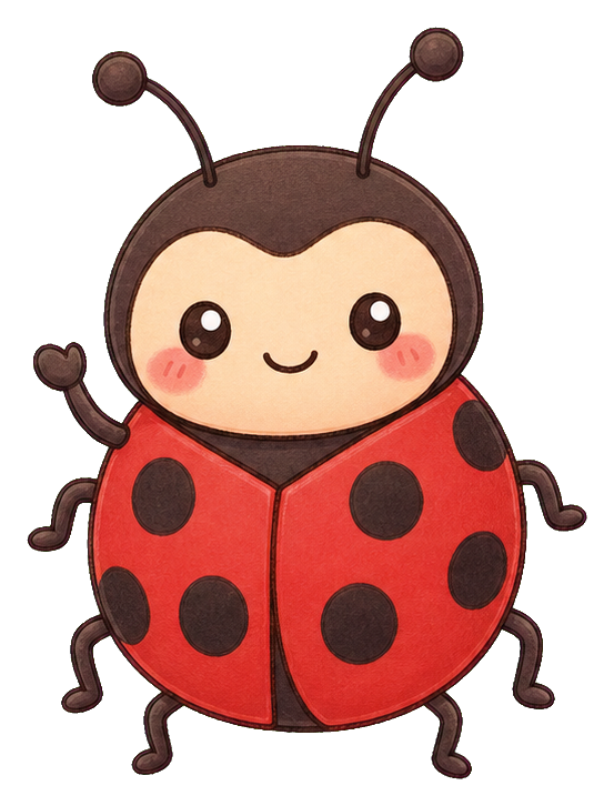 Cute red ladybug sticker with a smiling face and black spots.