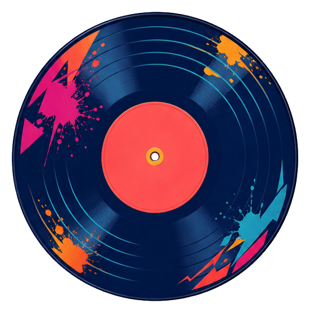 Colorful vinyl record with blue disc, coral center, and paint splashes