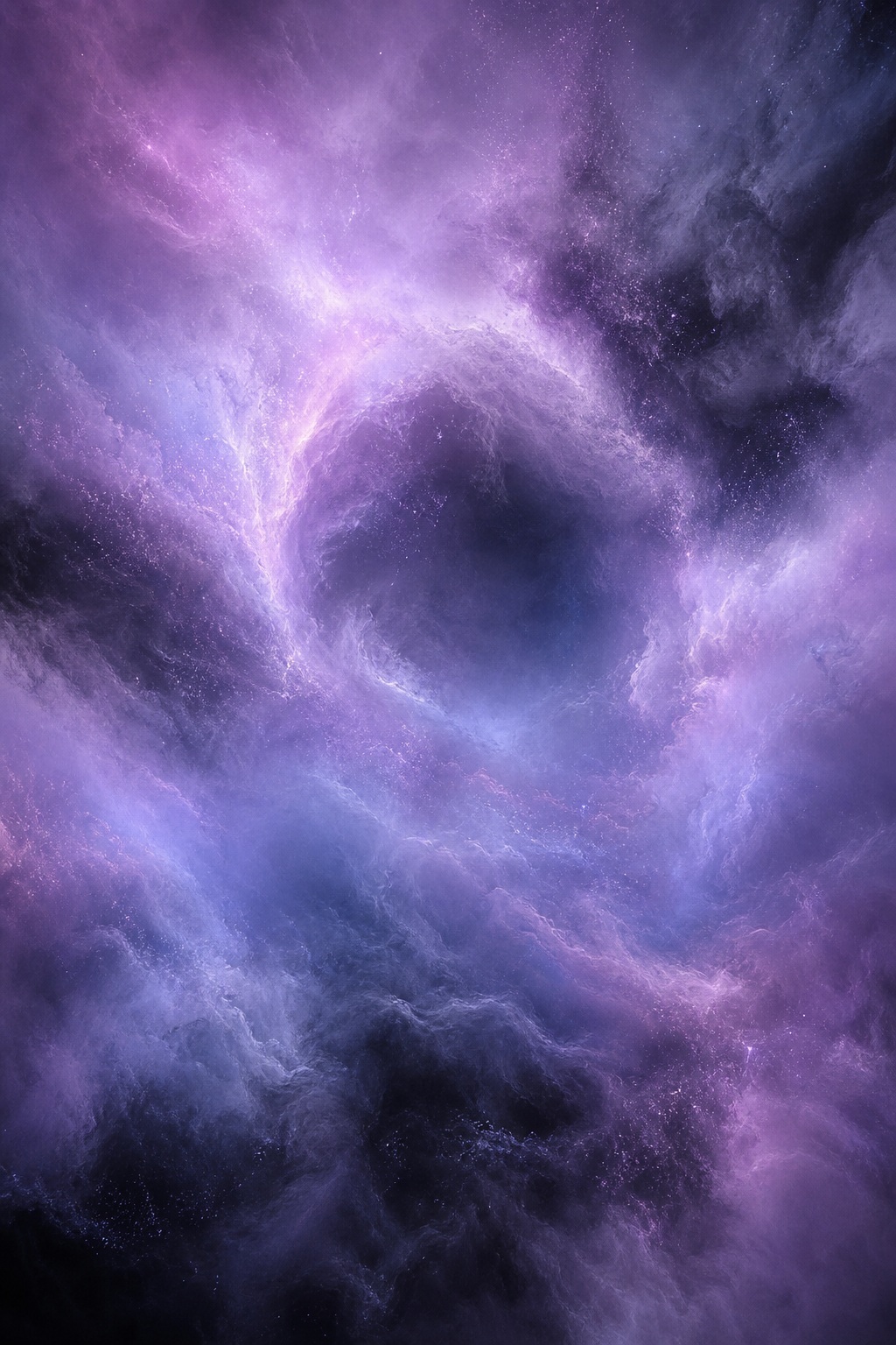 Soft lavender nebula with glowing mist and a dark circular space in the center