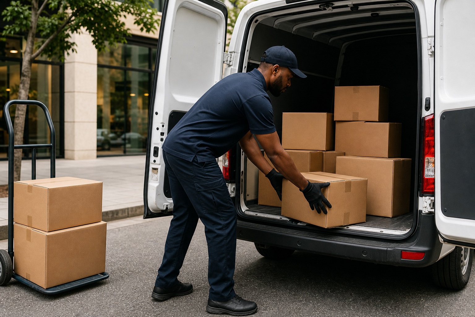 Delivery worker loading cardboard boxes into the back of a van