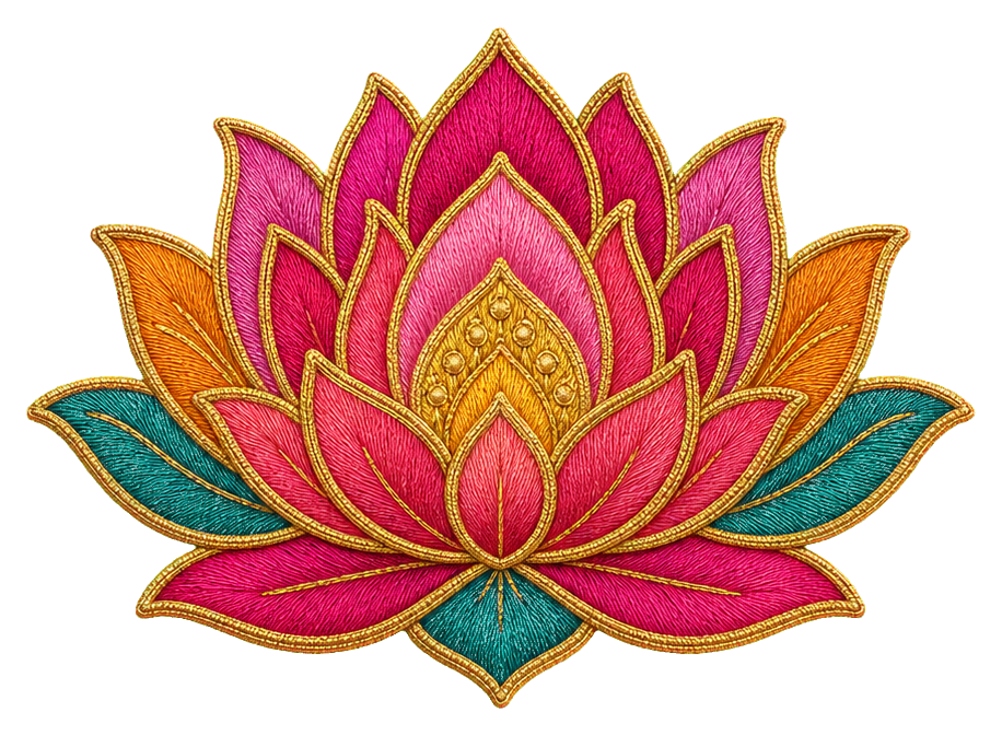 Colorful embroidered lotus flower with pink petals and teal accents