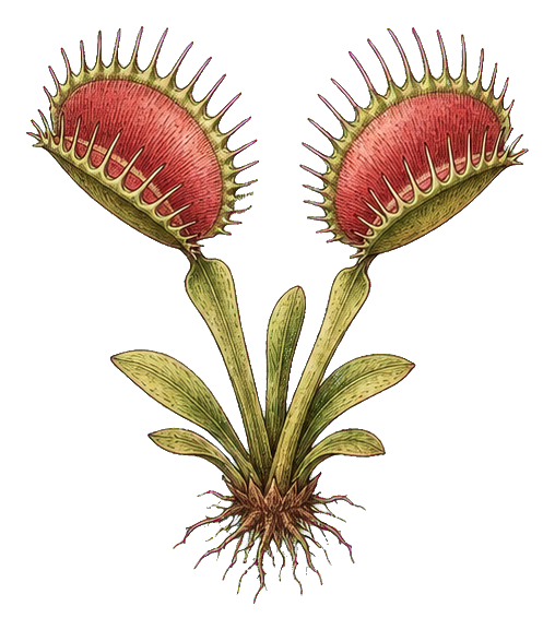 Vintage-style illustration of a Venus flytrap plant with two open red traps and green leaves