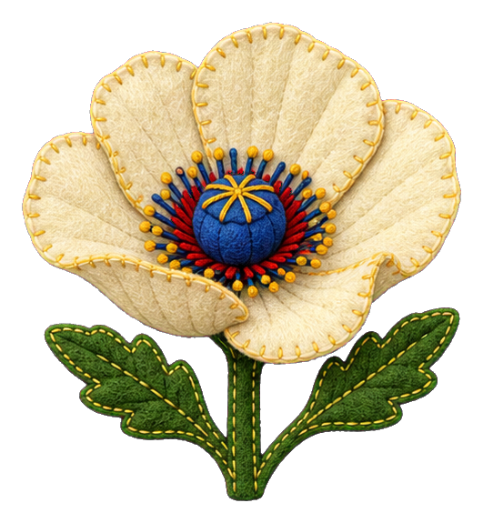 Cream felt applique poppy flower with green leaves and a blue center