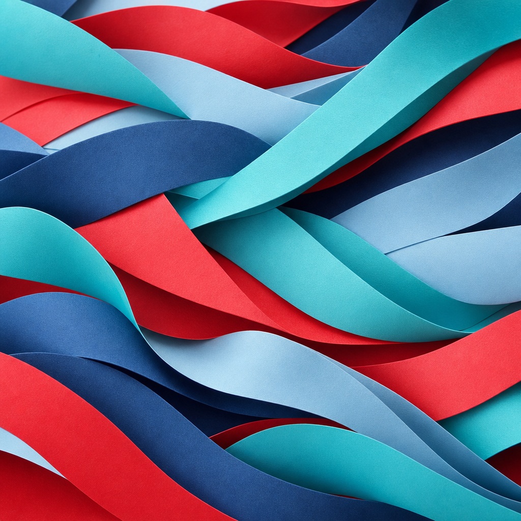 Layered aqua, red, and blue paper-like ribbon waves forming an abstract background.