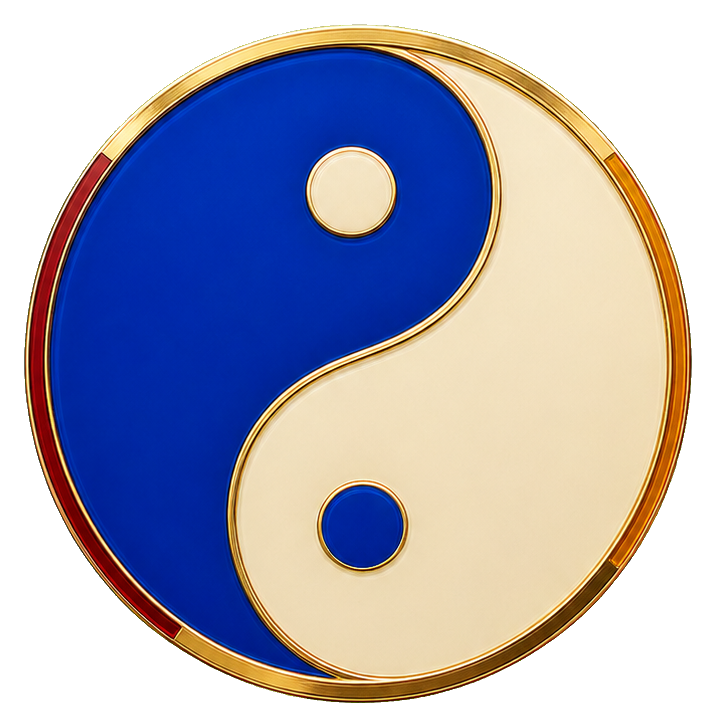Cloisonne-style yin yang symbol with blue and cream halves in a round gold border