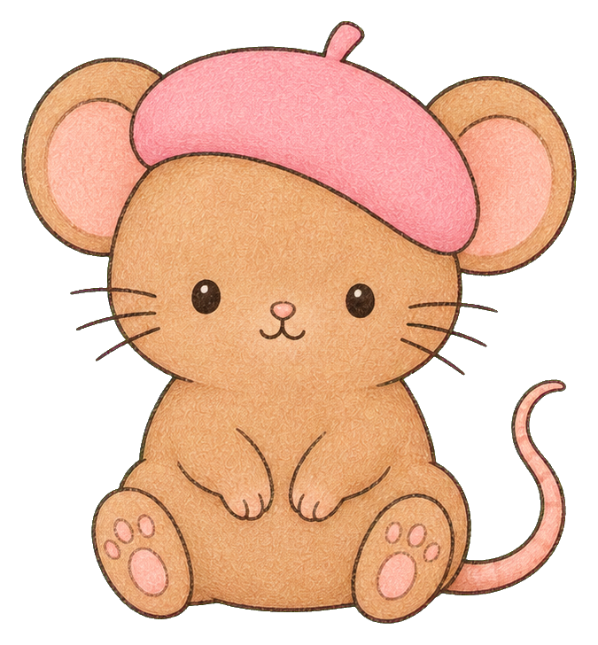 Cute kawaii mouse sitting with a pink beret on its head.