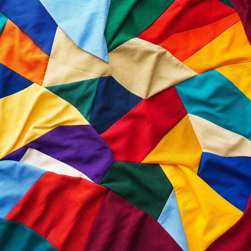 Colorful folded fabric mosaic in abstract flag-inspired shapes and stripes