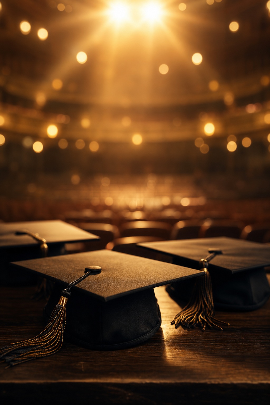 Graduation caps on a stage with warm golden bokeh lights in the background.