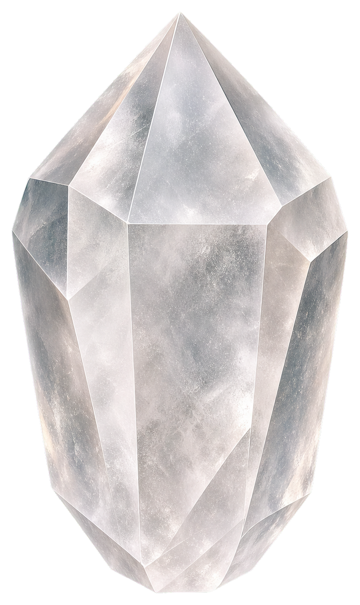 A faceted frosted quartz crystal with a pale translucent white appearance.