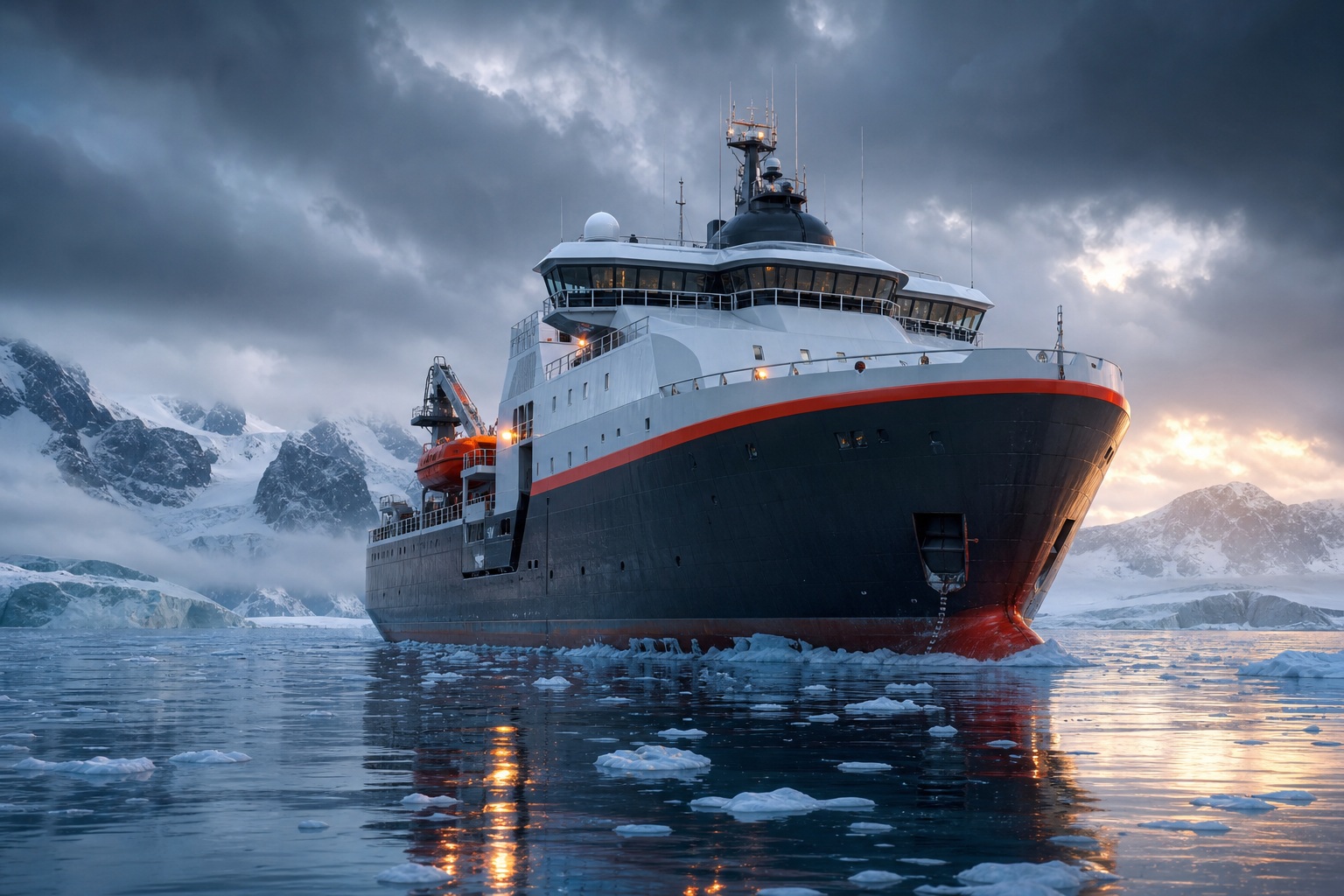Large icebreaker ship moving through icy water under a dramatic cloudy sky.