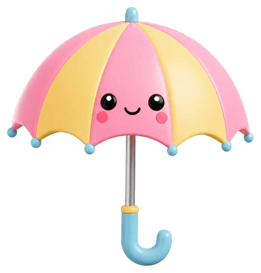 Cute pastel umbrella with a smiling face and curved blue handle.