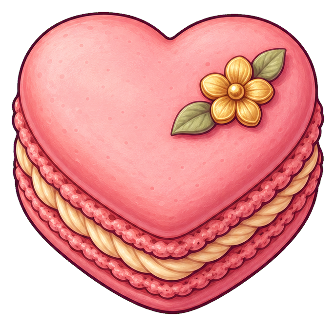 Pink heart-shaped macaron with layered filling and a small flower decoration on top.