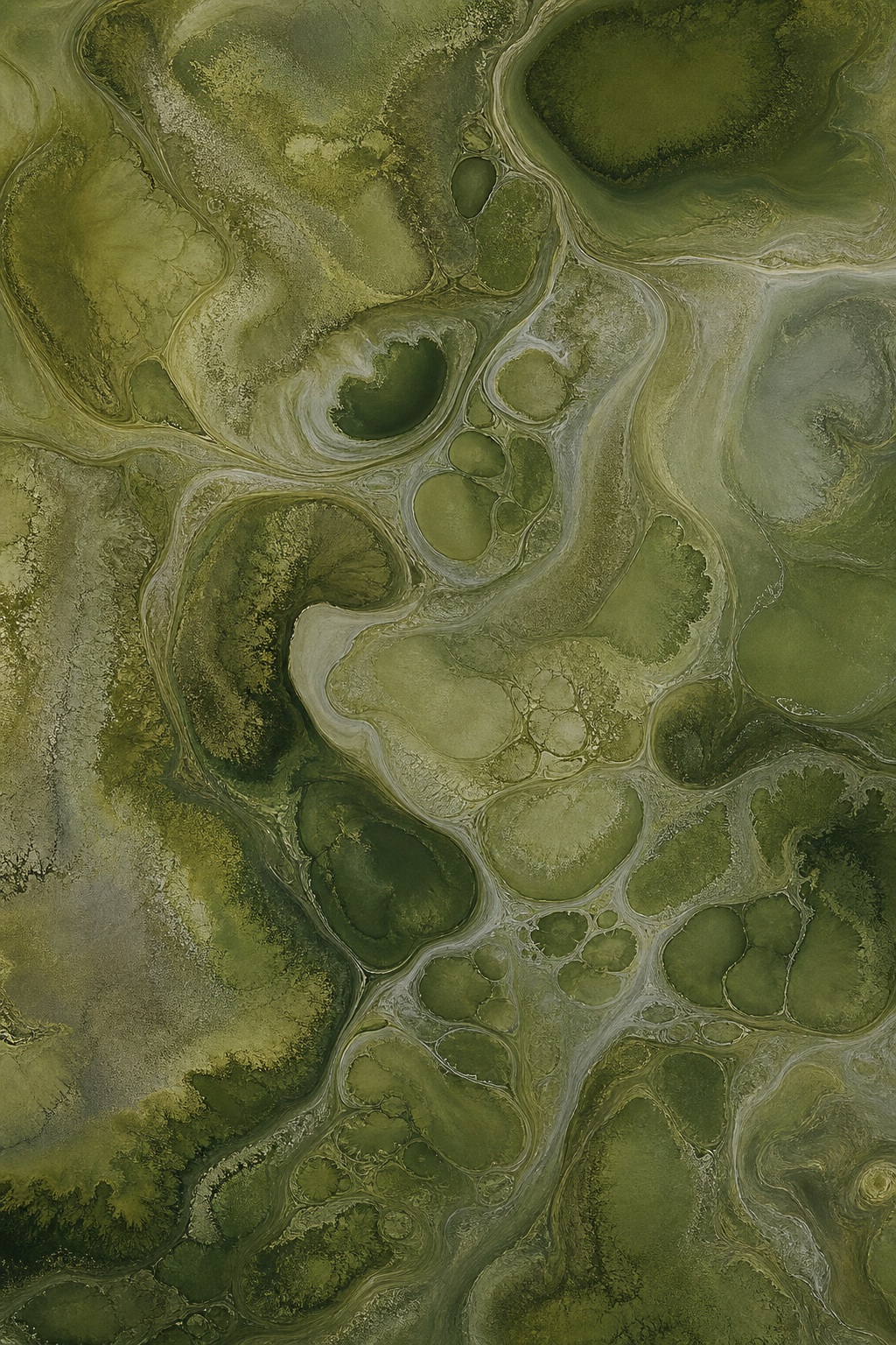 Moss green organic cellular abstract with flowing layered texture and soft rounded shapes