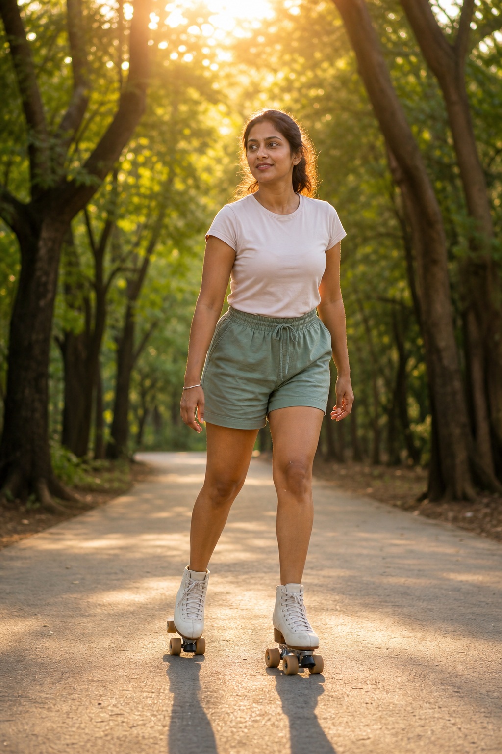 Woman standing on quad roller skates on a tree-lined park path.