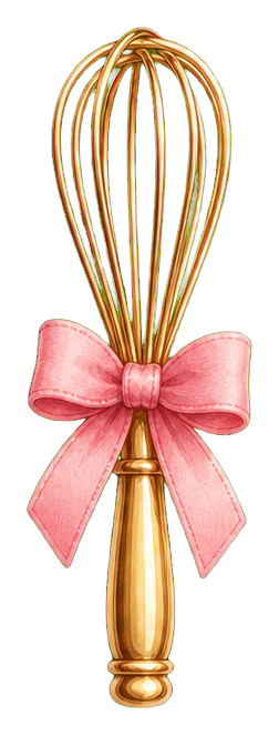 A golden baking whisk with a pink bow tied around the handle.