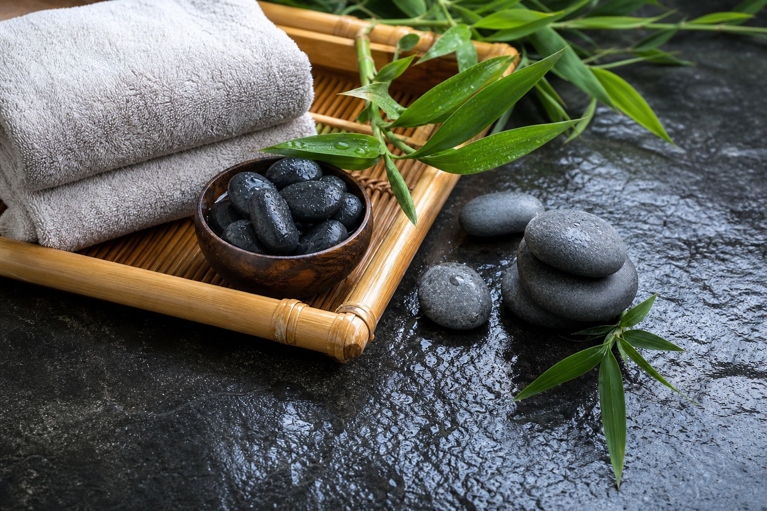 Bamboo tray with stones and green leaves on a dark textured spa surface.