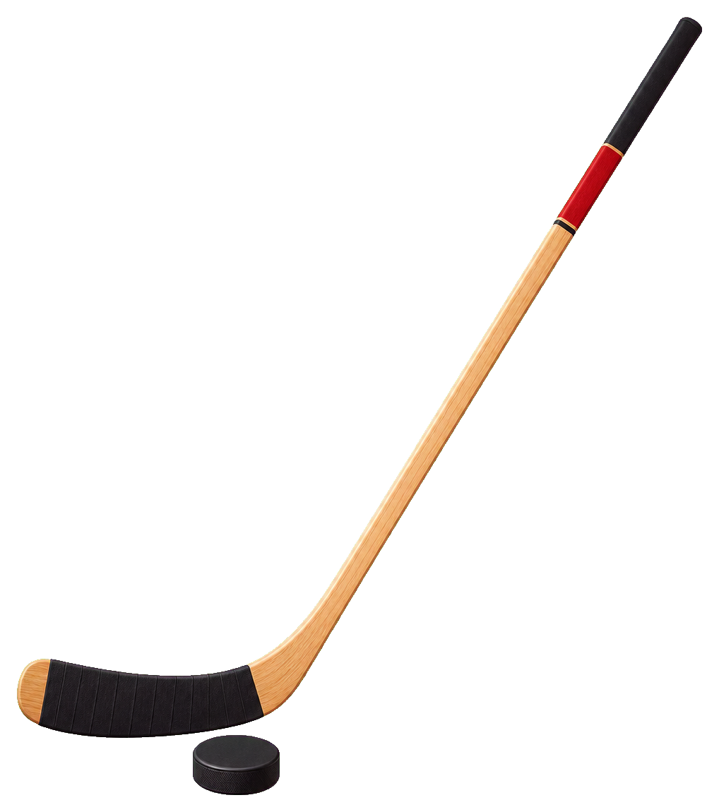 A hockey stick with a black blade and orange shaft on a transparent background.