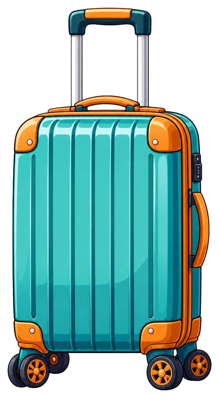 Turquoise rolling suitcase sticker with orange trim and wheels