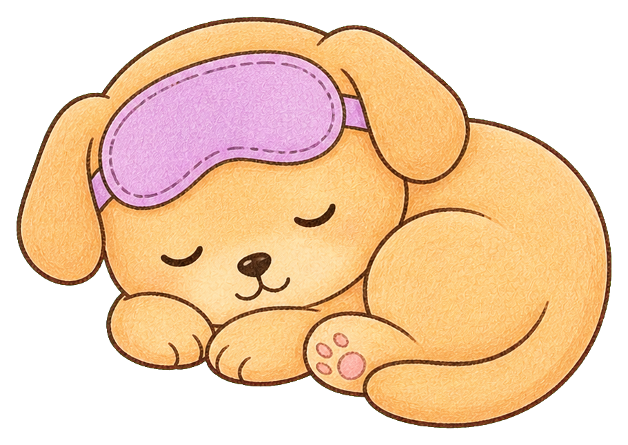 A kawaii puppy sleeping with a purple sleep mask over its eyes.