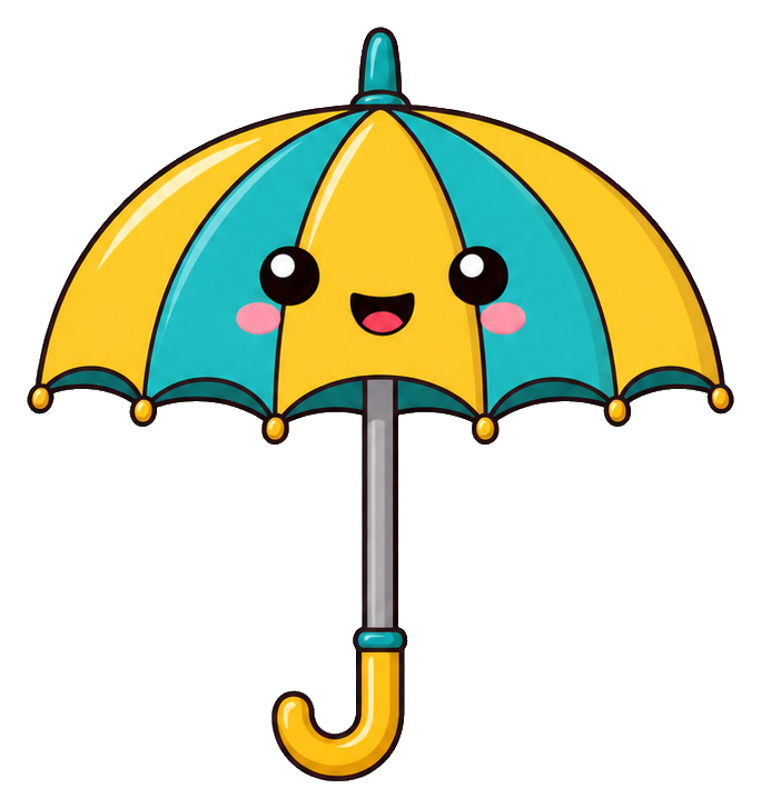 Cute smiling yellow umbrella with a face and curved handle