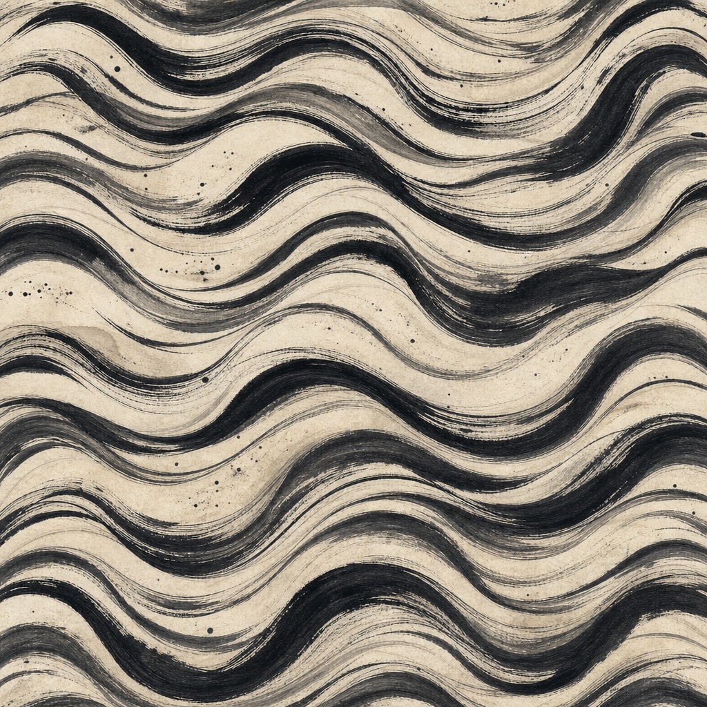 Abstract beige background with repeating black wavy ink lines and speckled texture