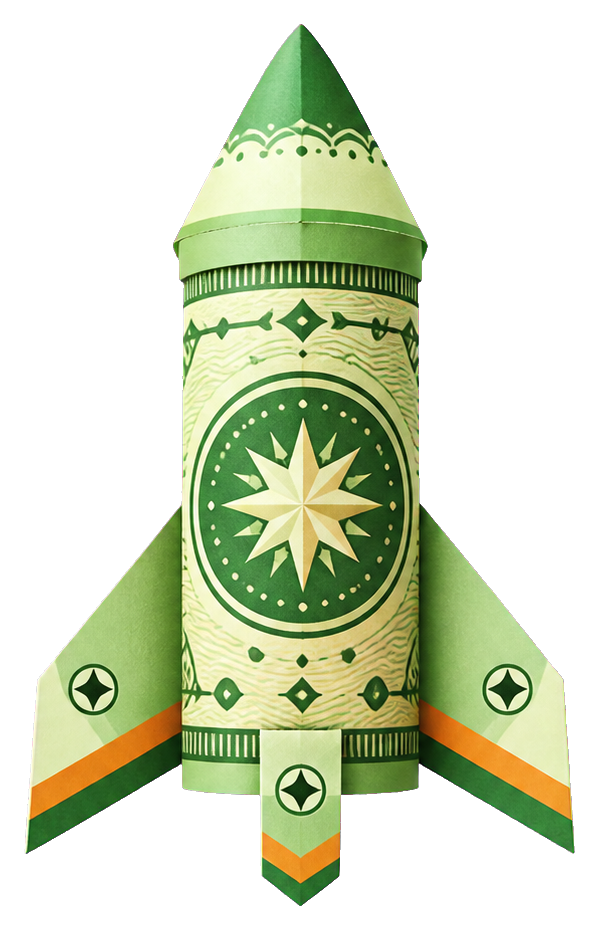 Green rocket sticker with a star emblem and decorative money-style details