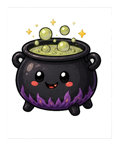 Cute black cauldron with a smiling face, purple flames, and glowing green potion bubbles.