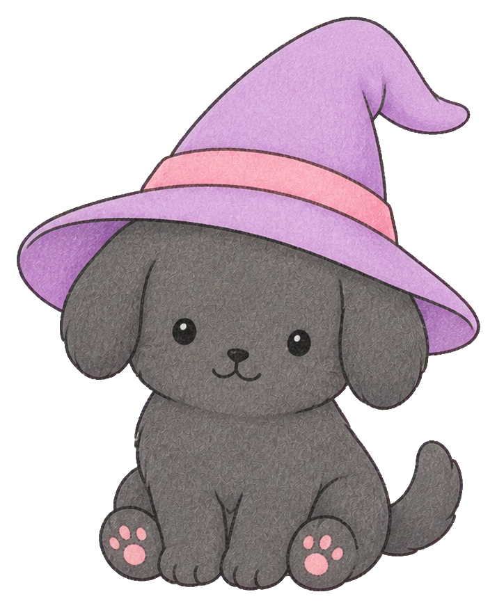 Cute gray puppy wearing a purple wizard hat with pink band and paw pads.