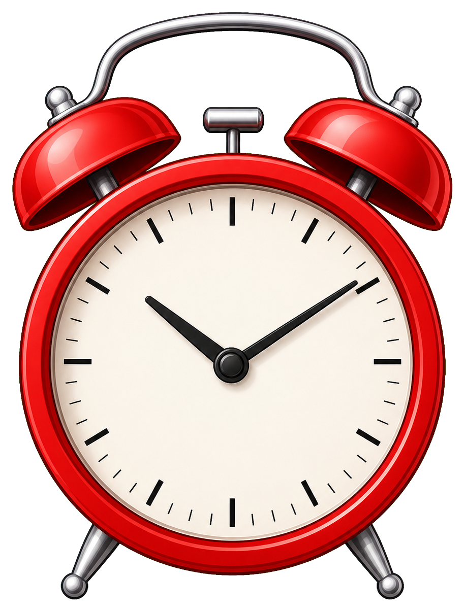 Red alarm clock with black hands and no numbers on the face