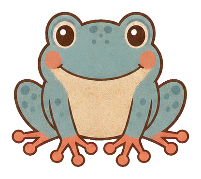 Dusty blue frog sticker with coral toes and a folk art look