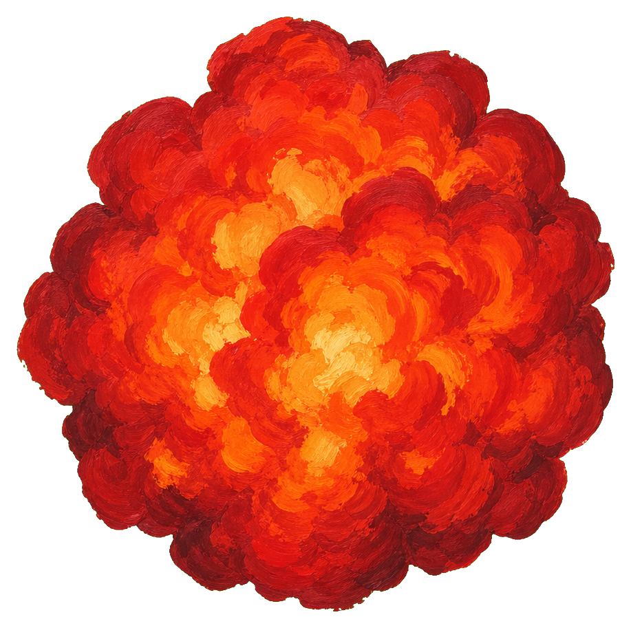 Red-orange gouache explosion cloud with glowing fire-like bursts and smoke edges
