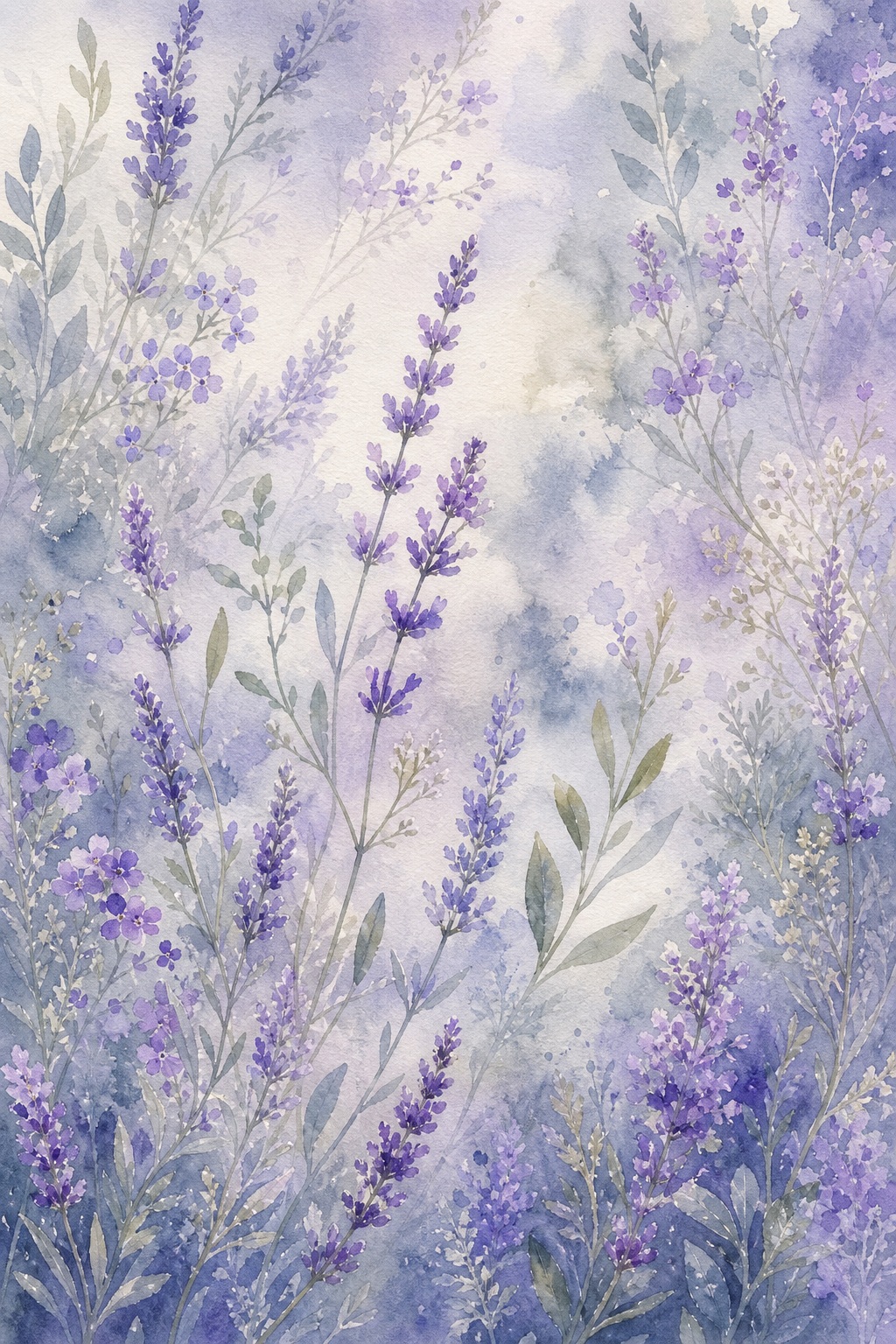 Soft lavender flowers and leafy botanicals in a misty pastel background.