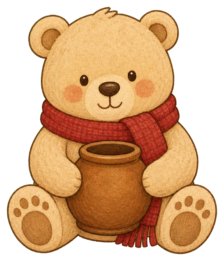 Cream-colored bear wearing a red scarf and holding a brown honey pot