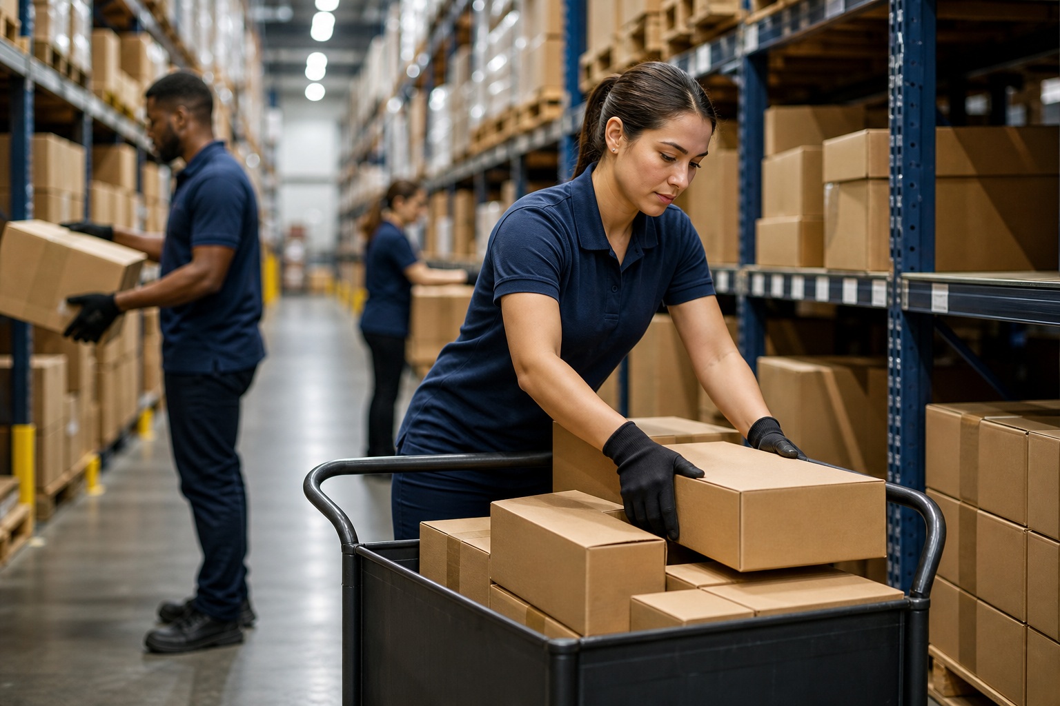 Warehouse workers moving cardboard boxes through storage aisles with carts.