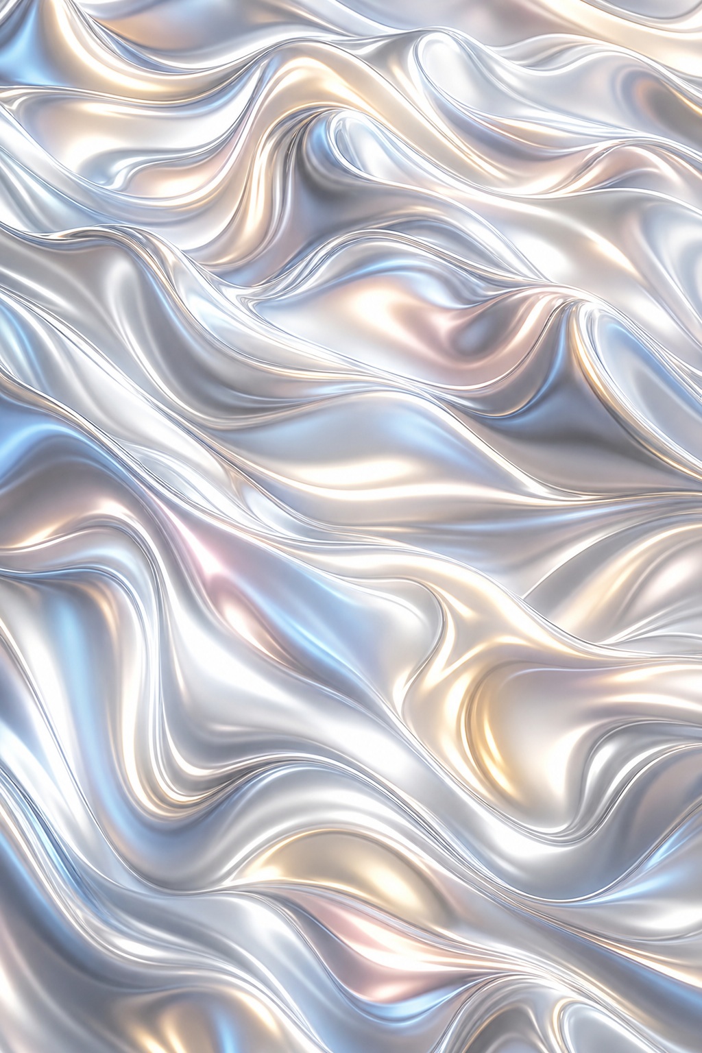 Soft pearly liquid chrome waves with reflective metallic folds and flowing valleys.