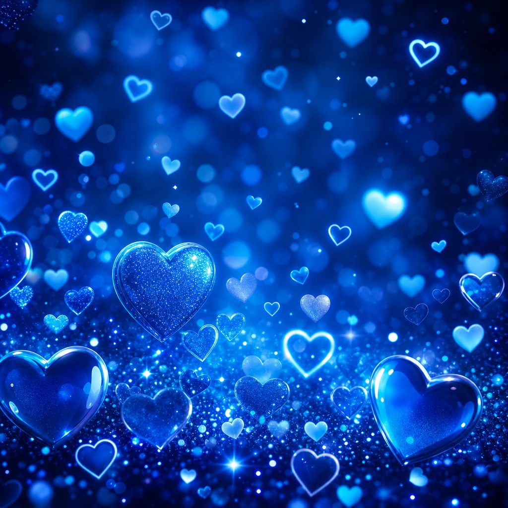 Blue glowing neon hearts floating on a dark blue background