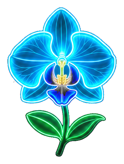 Glowing cyan neon orchid with green leaves and a bright outline on black