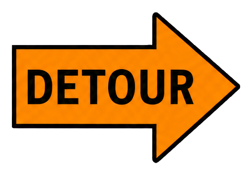 Orange detour arrow sign with black text and a right-pointing arrow