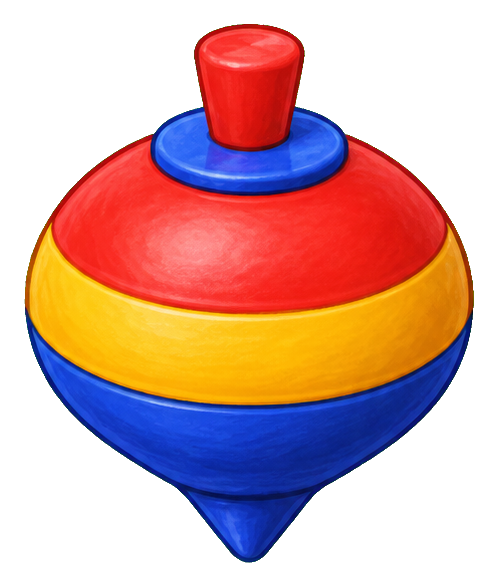 Colorful striped spinning top with a red handle and blue pointed bottom.