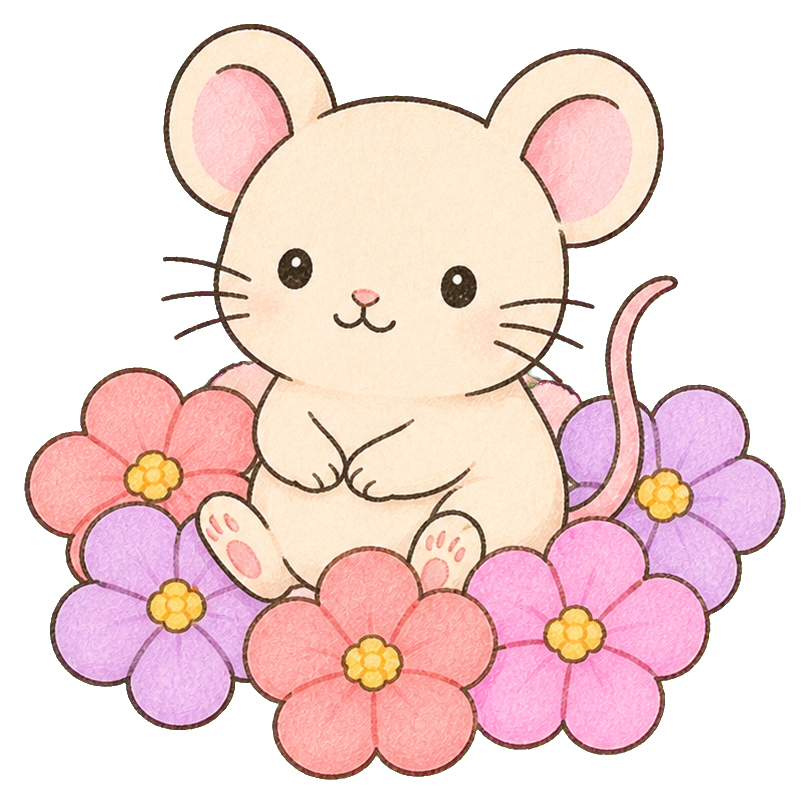 Cute kawaii mouse sitting in pastel flowers with a flower crown.