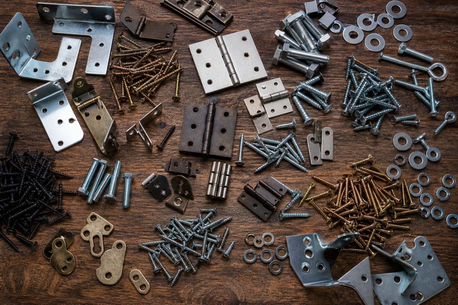 Flatlay of screws, brackets, nails, and washers on a worn wood surface.