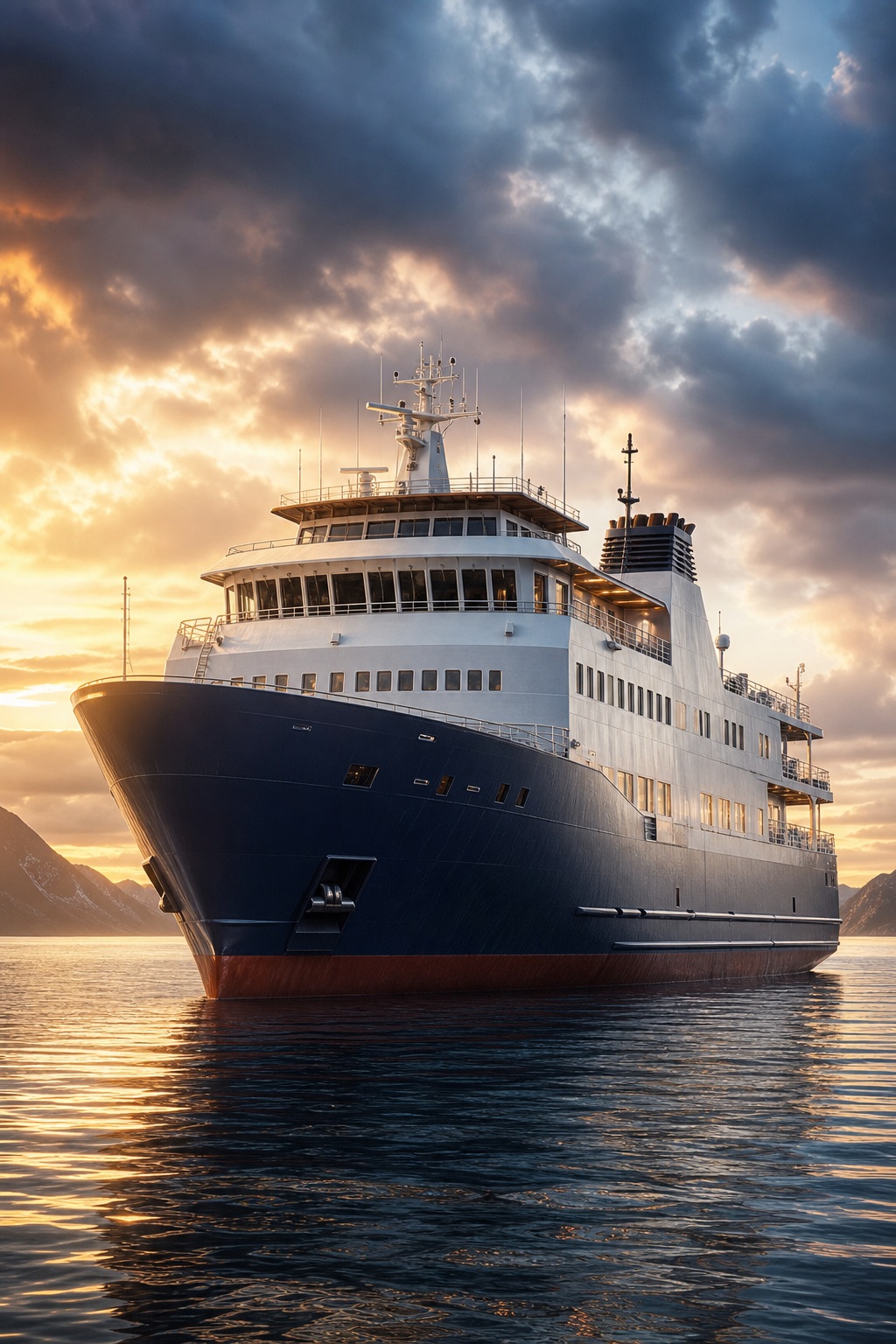 A large ferry ship sailing on calm water under a dramatic cloudy sunset sky.
