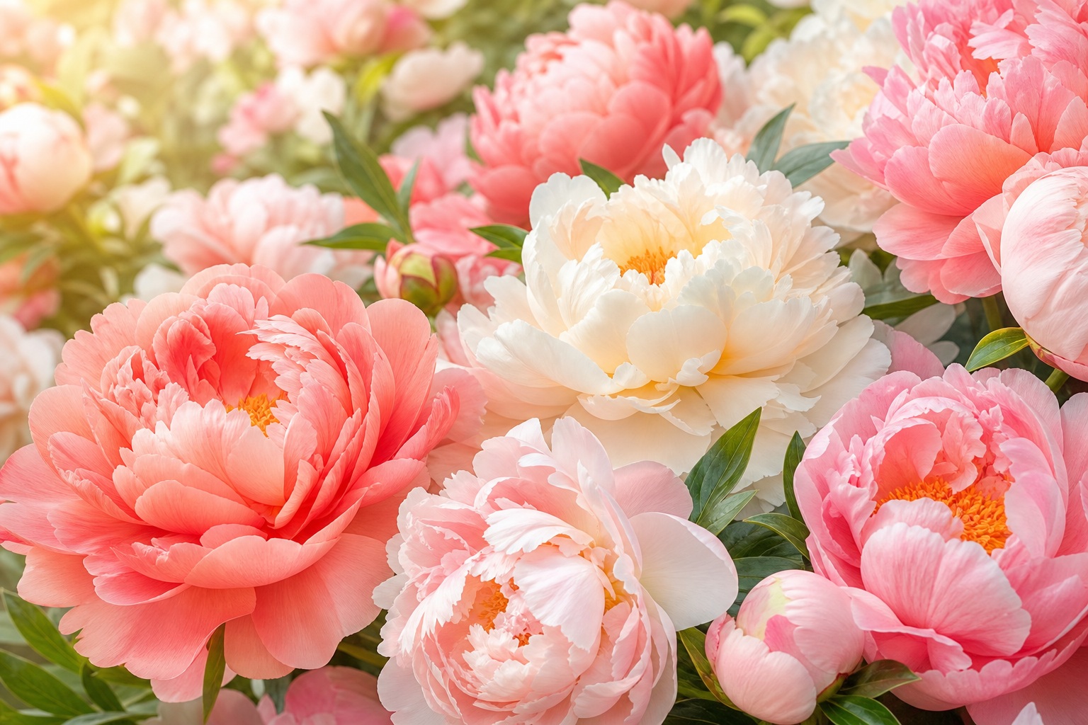 Pastel peonies and garden flowers in soft pink, peach, and cream tones