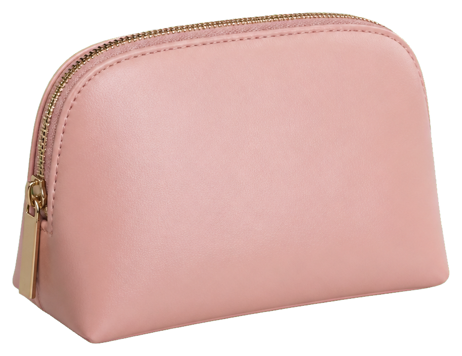 Soft pink makeup pouch with rounded top and tan base