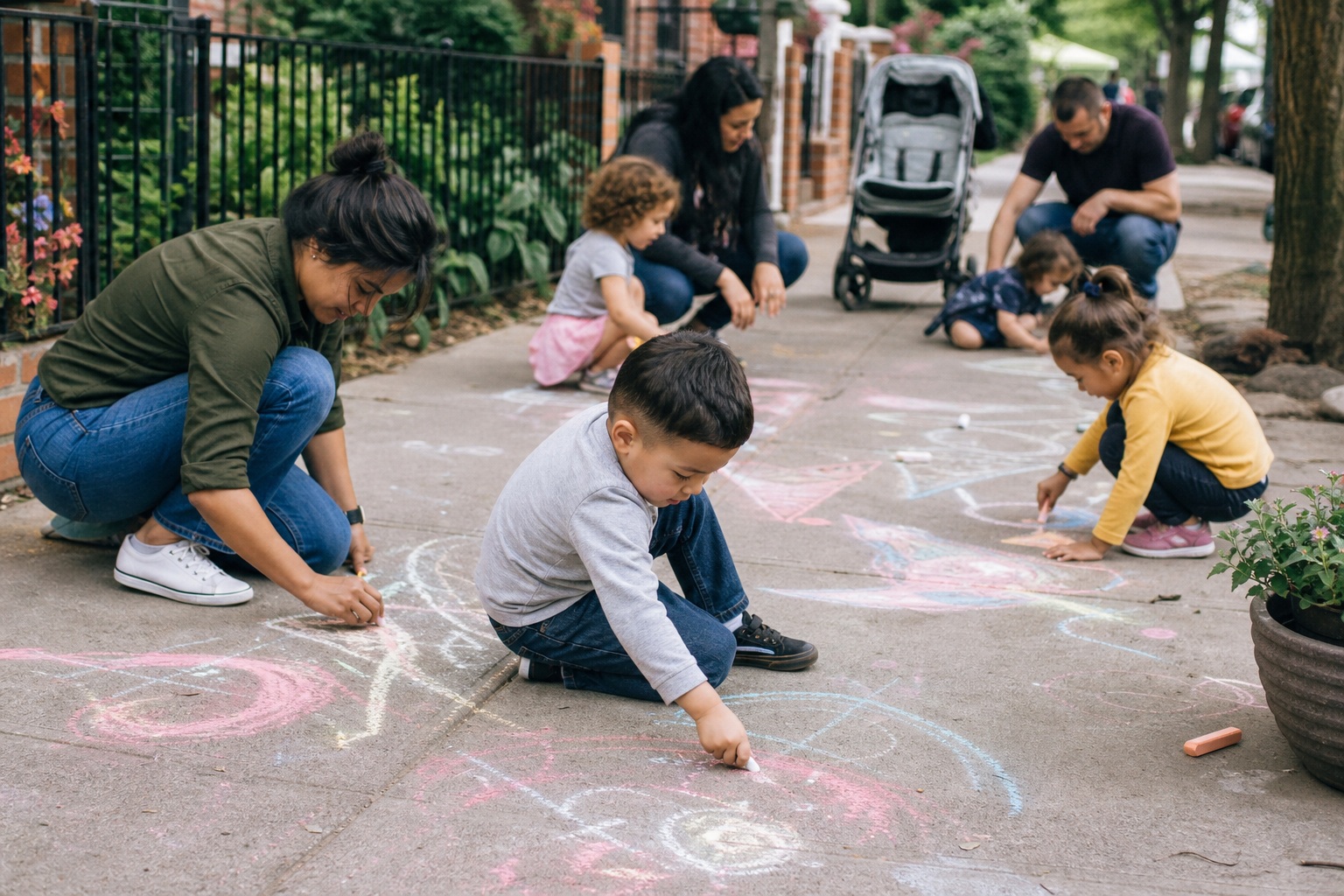 Children and adults drawing colorful chalk art on a sidewalk in a neighborhood setting.